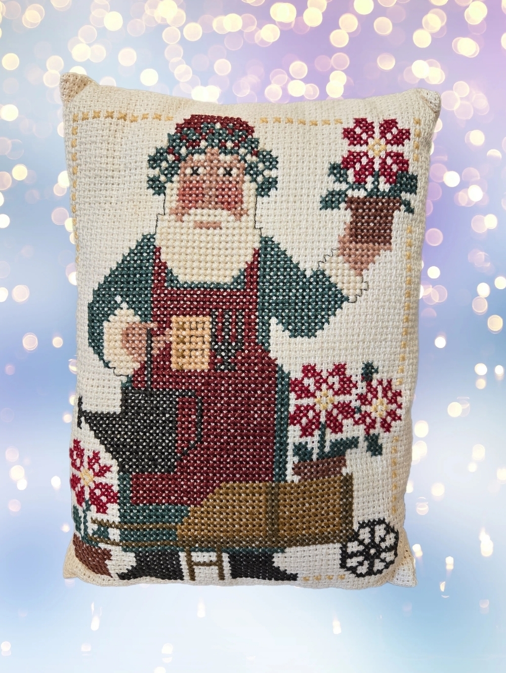 Vintage Needlepoint Santa Pillow Gardening Theme Accent Decor Christmas Holiday